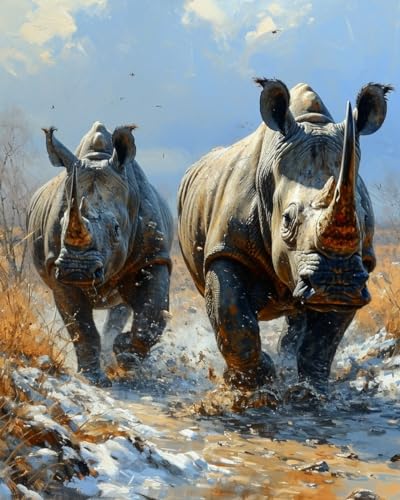 Paint by Number, Rhinos Charging at Threat, Adult Crafts Adults' Paint-by-Number Kits, Room Decor Gift for Birthday Festival (16x20 inch,No Frame)