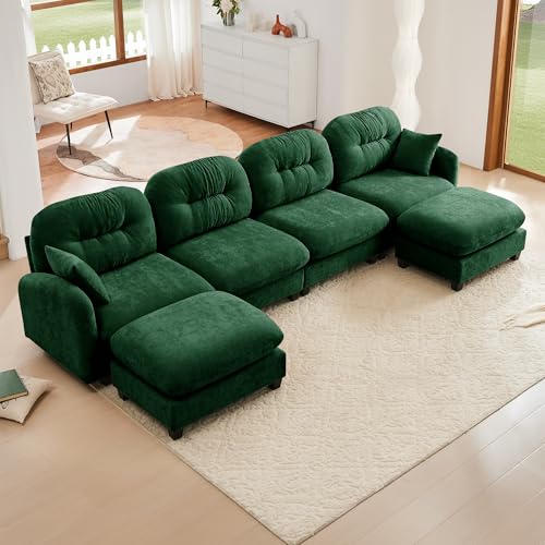 Image of KEIKI 140 inch U-Shaped Oversized Chenille Modular Sectional Sofa with 2 Ottoman, High-Density Foam Cushions, Tufted Pleated Cushion Backrest, Modern 4-Seater Couch with 2 Pillow, for Living Room, Green