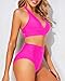 Tempt Me Women Hot Pink Two Piece High Waisted Bikini Set Swimsuits Push Up Halter Tummy Control Bottoms Bathing Suits M