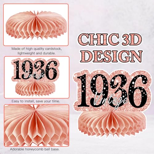 Image of 9Pcs 90th Birthday Decorations Honeycomb Centerpieces for Women, Rose Gold Pink Happy 90th Birthday Centerpieces Tables Toppers Party Decorations Supplies, Vintage 1936 Aged Table Decor