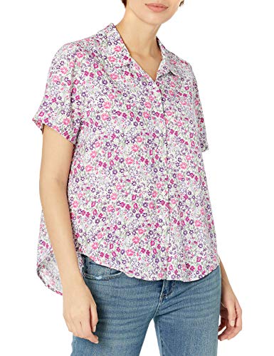 Lucky Brand Women's Short Sleeve Collared Button Down Tie Front Shirt, Pink Multi, M