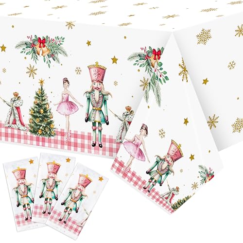 Image of 3 Packs Nutcracker Plastic Tablecloth Decorations, Pink Plaid Nutcracker Christmas Tree Disposable Waterproof Table Covers, Nutcracker Soldier Tablecloth for Dining Table Party Supplies