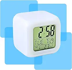Relogio de Mesa Cabeceira Cube LED 7 Cores Alarme Despertador Calendario Temperatura Som Alto RGB Linha Premium