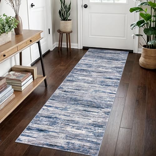 SIILOOM 2x7 Modern Abstract Runner Rug for Hallways, Navy Blue Gray Neutral Multi Super Soft Hallway Decor Kitchen Rugs with Non-Slip, Non-Shedding Washable Rug for Hallways Entryway Bedroom Indoor
