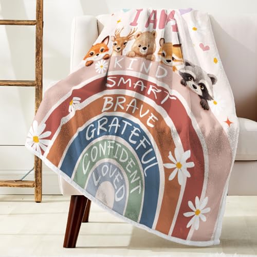 Image of Boho Rainbow Woodland Animal Flannel Throw Blanket, Cute Bear Fox Deer Raccoon Daisy Heart Cozy Decor Blanket for Couch Bedroom Camping, Gift Blanket for Kids Nursery Fans,60X70 Inch