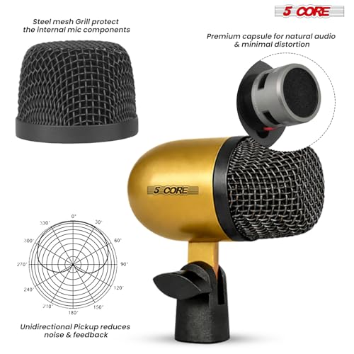 Image of 5 CORE 9 Piece Drum Microphone Set with 5 Dynamic Percussion Microphones Kick Bass, Tom /Snare and 4 Condenser Hi Hat & Cymbals Metal Mics w Thread Clip Mics Holder Gold