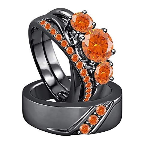 Gold & Diamonds Jewellery Round Cut Orange Sapphire 18k Black Gold Over .925 Sterling Silver Three Stone Anniversary Trio Engagement Wedding 3 Pc. Ring Set For Men's & Women's Cover