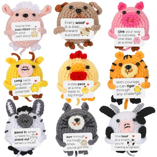 VioraWhite 9 Pcs Crochet Teacher Appreciation Gifts Bulk Handmade Farm Animals with Positive Cards for Women Coworkers Staff Team Birthday Party Favors Stocking Stuffers Office Decor Gifts