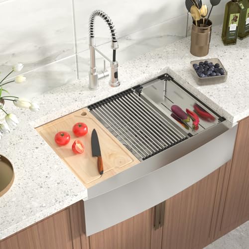 Shinmou 33 Farmhouse Kitchen Sink - 33x22 Inch Apron Front Farm Workstation Sink 16 Gauge Stainless Steel Single Bowl Deep Basin with Sliding Accessories