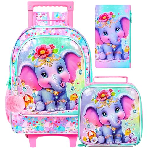 ZLYERT 3 mochilas con ruedas para niñas, mochilas con ruedas, unicornio, sirena, gato, zorro, mochila con ruedas para la escuela, elefante rosado, Talla única
