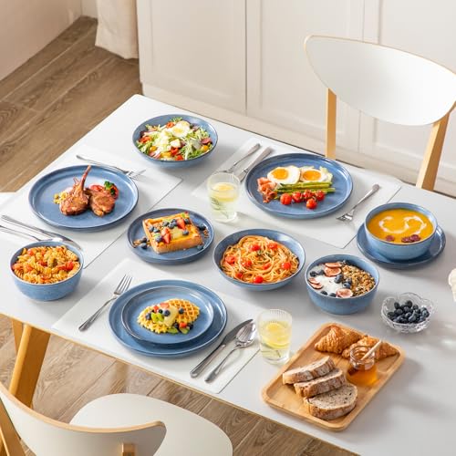 Steingut Geschirrset 6 Personen, vancasso ANYA Blau Teller Set Modern 24 teilig,Tafelservice mit Speiseteller, Suppenteller, Desserttellern, Schüsseln, Geschirr Set Spülmaschinen und Mikrowellenfest