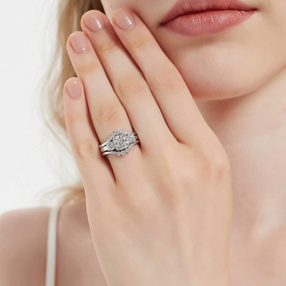 BERRICLE Sterling Silver 3-Stone Wedding Engagement Rings 2 Carat Cushion Cut Cubic Zirconia CZ Wishbone Ring Set for Women, Rhodium Plated