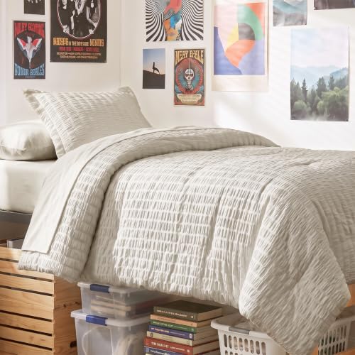 Image of CozyLux Twin Comforter Set, 5 Pieces Beige Seersucker Bed in a Bag
