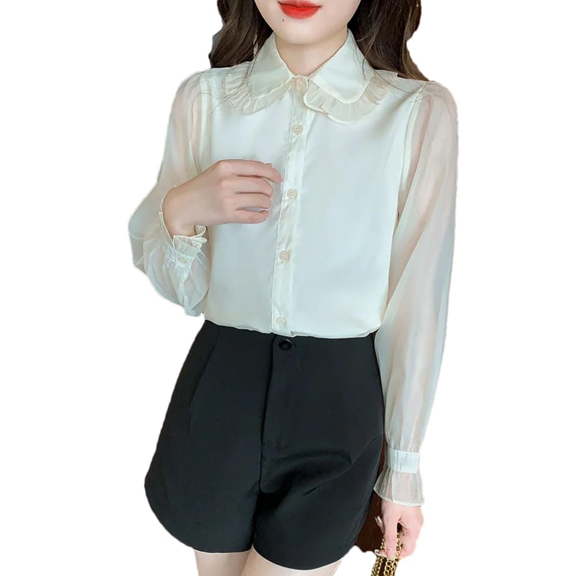 Camicetta da donna a maniche lunghe in chiffon con risvolto bottoni tinta unita casual lavoro slim increspature camicie