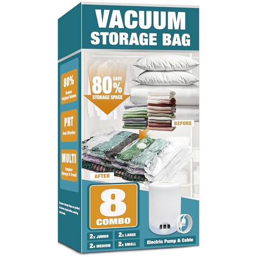 Space Saver Bags, Vacuum Storage Bags, Compression for Blankets and Bedding, Clothes Sealer Storage (8 Pack with Electric Pump)
