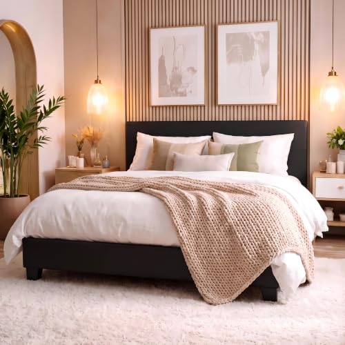 Allewie Queen Size Faux Leather Bed Frame, Adjustable Headboard, Black