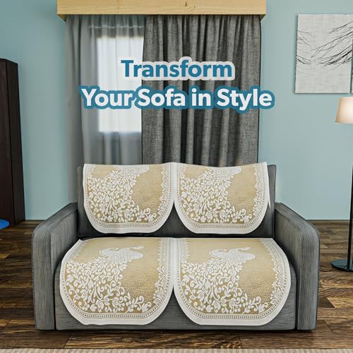 Image of Kuber Industries (Set of 4) Stylish & Durable Cotton Sofa Covers 2 Seater | Washable Sofa Protector /Mat & Slipcover for Hall, Living Room & Office | Peocock Design - Cream