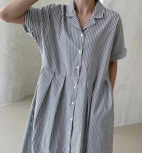 chouyatou Women's Cotton Striped Shirt Dress Button Up Short Sleeve Midi Long Shift Dress with Pockets2