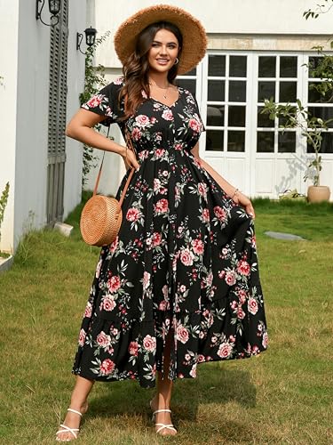 Image of RWJ Women Plus Size Maxi Dress V Neck Short Sleeve Button Trim Split Flowy Tiered Casual Long Dresses 2025 L-3XL