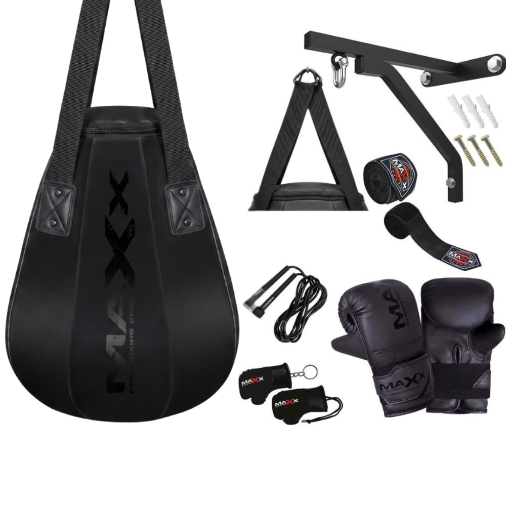 MAXX Pear Shaped Maize Punch Bag Uppercut Bag, Durable Rexine Leather, Filled & Ready to Use, Zip-Top Adjustable Weight, Home Gym Boxing & Martial Arts (Black, 10PCS SET WITH BRACKET)