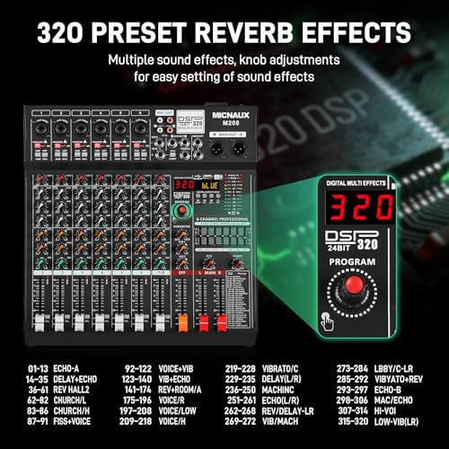 MICNAUX Audio Mixer 8 Channel Professional Sound Console Music Mixer with 320 DSP Effects, 7-band EQ DJ Mixing Board w/USB, Bluetooth, 48V Power Supply, PAD Button for Recording Karaoke PA Drum Live - Thumbnail 2