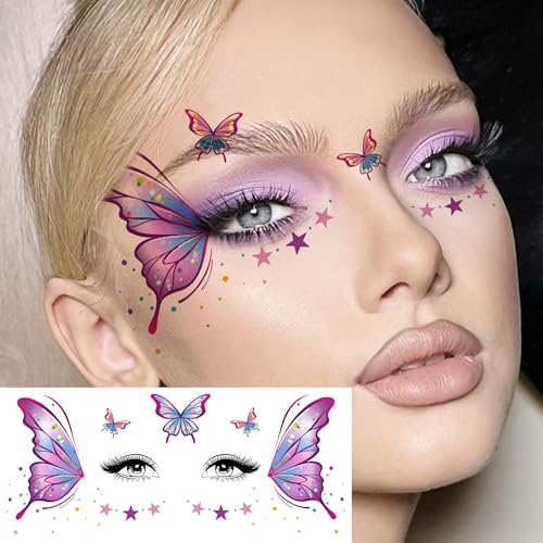 Image of 10 Sheets Butterfly Temporary Tattoos For Women Face Freckles Tattoo Sticker, Realistic Flying Butterflies Fake Tattoos Eyelid Eyeliner Eye Shadow Makeup Decal Halloween Costume Princess Fairy Cosplay