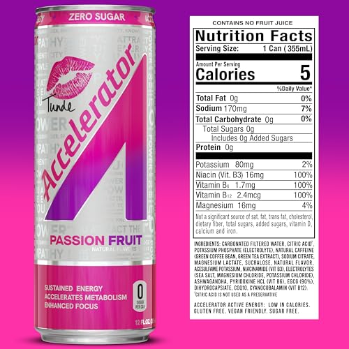 Image of Accelerator Active Energy Drink, Passion Fruit 12oz can (12 pack) | Zero Sugar, Sustained Energy from 100% Natural Caffeine (200mg from Green Coffee Bean & Green Tea extract)