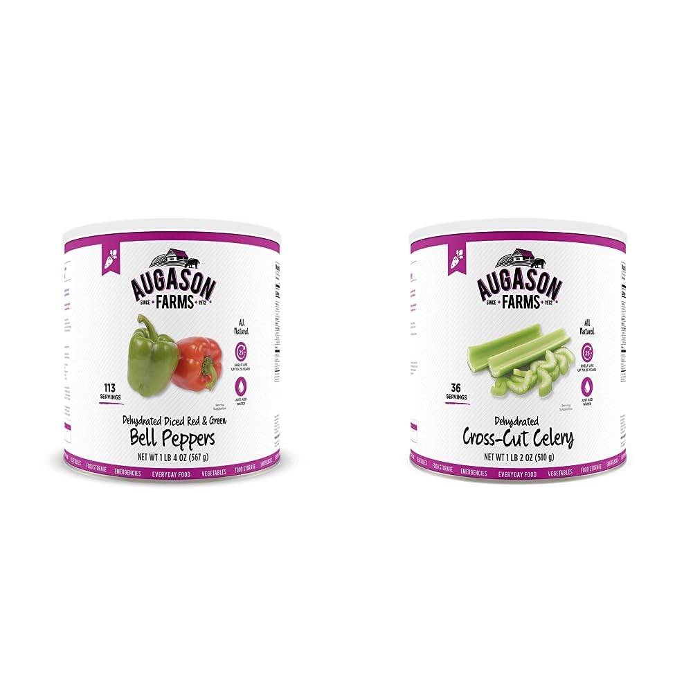 Augason Farms Dehydrated Diced Red & Green Bell Peppers 1 lb 4 oz No. 10 Can & Dehydrated Cross Cut Celery 1 lb 2 oz No. 10 Can