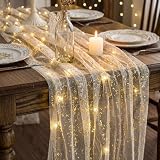 Tegeme Beige Gold Gauze Table Runner with LED Lights 120 Inch 10ft, Glitter Metallic Lighted Table Runner Sequin Sheer Fairy Lights Dining Wedding Anniversary Holiday Birthday Decor for Home Party