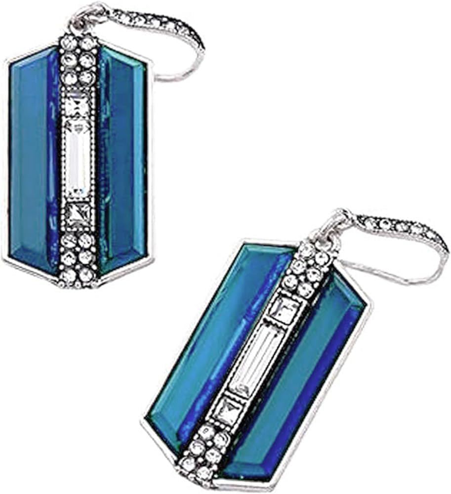 Extra Large Silver Tone Art Deco Antique Vintage Style Statement Blue Sapphire Rhinestone Geometric Dangle Earrings - Image 2