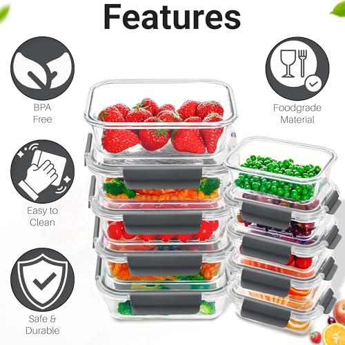 10-Pack Glass Food Storage Containers with BPA-Free Locking Lids