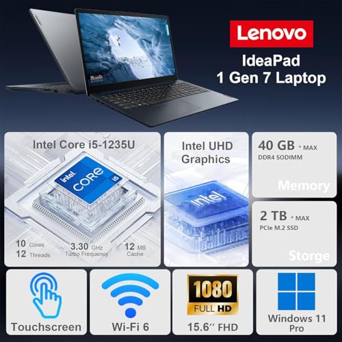 Image of Lenovo IdeaPad 1i Laptop, 15.6 Inch FHD Touchscreen, Intel Core i5-1235U Processor, 16GB RAM, 512GB SSD, Webcam, HDMI, Wi-Fi 6, Windows 11 Pro, Blue, with Microsoft 365 for The Web