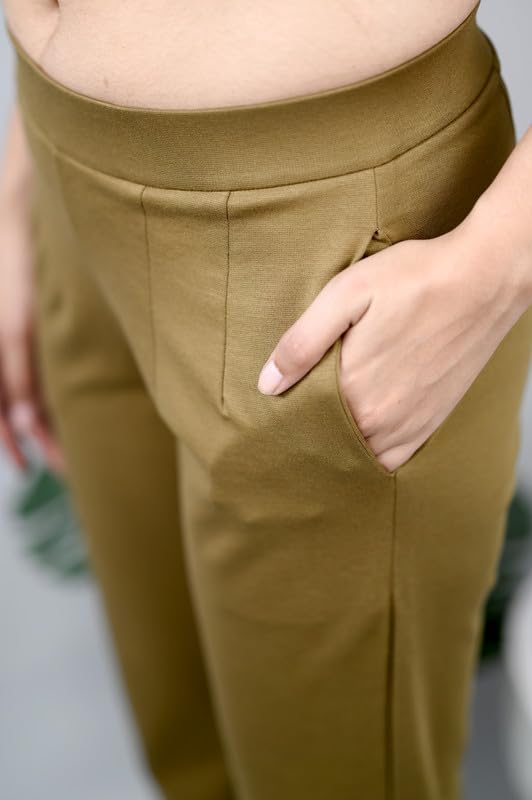 Image of Mlada Straight Fit Cigarette Pencil Pants Elastic Waist Band Mid High Waist Formal Office Trousers for Women, Pockets for Travel Stretch Cotton Knit Full Length Regular /Plus Size