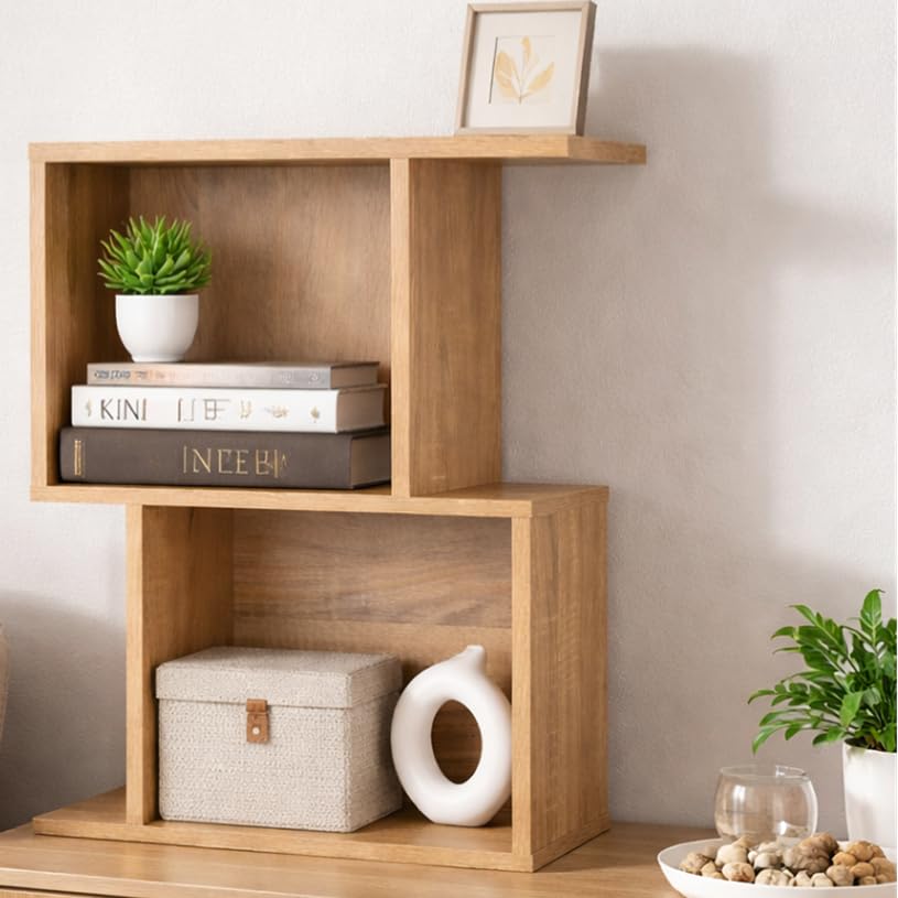 Image of 2 Cube Storage Organizer Wooden Bookshelf, 2 Cube Shelf Bookcase, Small Bookshelf Storage Organizer, 2 Cube Storage Shelf for Bedroom, Small Bookshelf for Living Room and Office (Natural, 2 Tier)