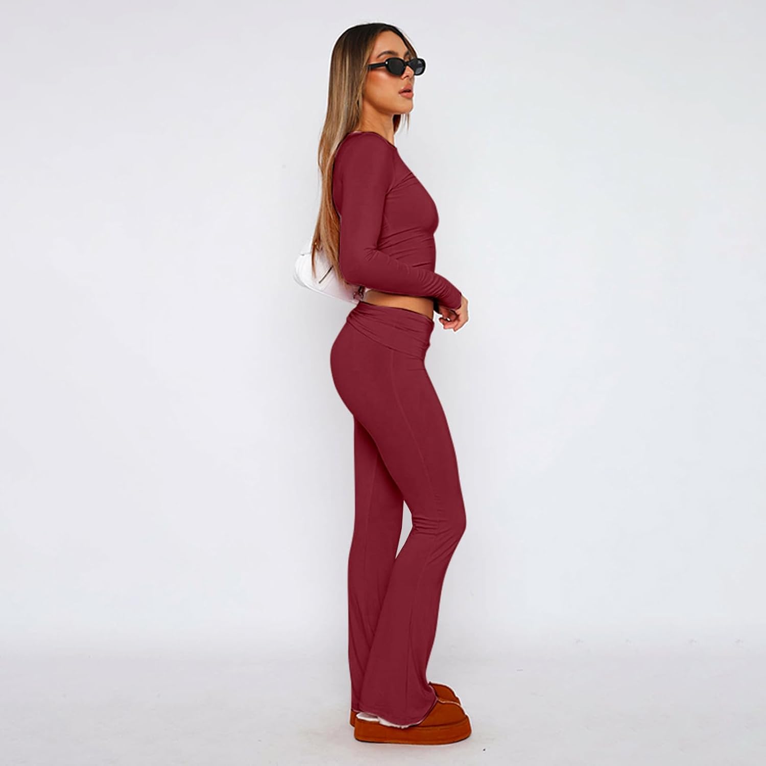 kaimimei Women's 2 Piece Lounge Outfits Slim Long Sleeve Tops High Waist Foldover Flare Leggings Sets Casual Yoga Sweatsuit - Image 3