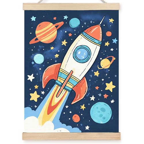 Image of PQKIY Space Rocket Nursery Wall Art Poster Hanger Frame 12x16 in, Retro Universe Space Ship Launching Wall Decor Canvas Prints for Nursery Toddler Boys Kids Room Bedroom Playroom