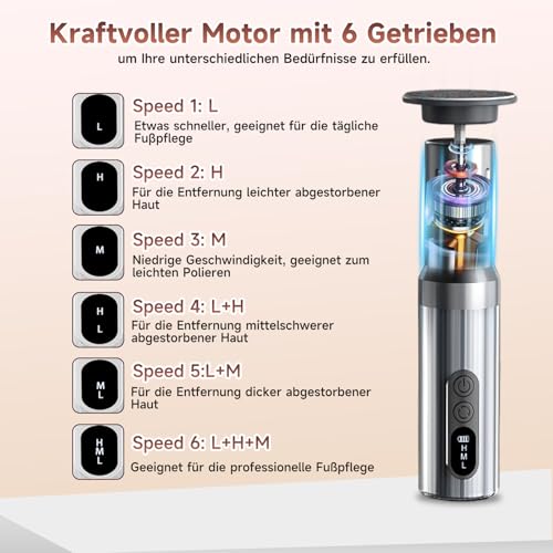 3 in 1 Elektrischer Hornhautentferner mit Nano Glas, 6 Einstellbare Geschwindigkeit, Wiederaufladbare Hornhautentferner-Set mit Fußfeilen und Nagelpolierer, zur Fuß- und Handpflege und Haarentfernung
