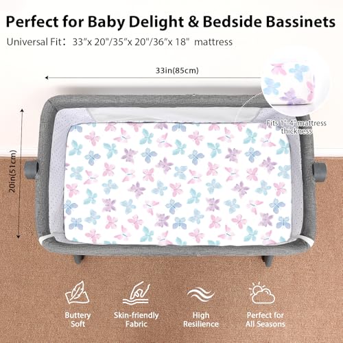 Image of Baby Bedside Bassinet Sheets Girl, 33 inchx20 inch Compatible with Baby Delight Dream On Me & Most Rectangle Bedside Sleeper Bassinet Mattress, Super Soft Microfiber Pink Butterfly Flower
