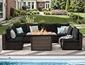 TANGJEAMER Patio Furniture Set 7 Pieces with 44" Fire Pit Table, Rattan Outdoor Sectional Conversation Sets, All Weather Outdoor Furniture Set with Cushions for Garden Lawn Balcony Porch Deck Black