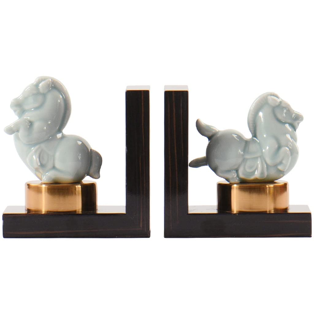Sujetalibros de cerámica neoclásica blanca con figura de pony para estanterías y salón