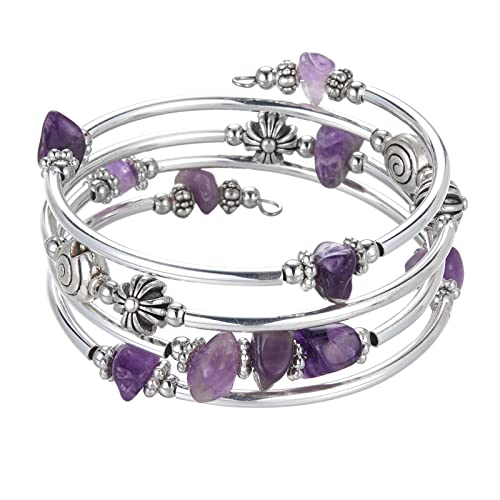 Noessla Stone Silver Bangle Wrap Bracelet Boho Turquoise Crystal Chips Bead Bracelets Fashion Jewelry Birthday Gifts For Women(19-Purple) #TOP14