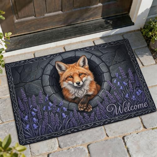 Fox Welcome Door Mat, Rustic Nature Lavender Stone None Violet Washable Low Profile Entry Mat Outdoor Decor for Front Door Entryway Patio 29x17 Inch