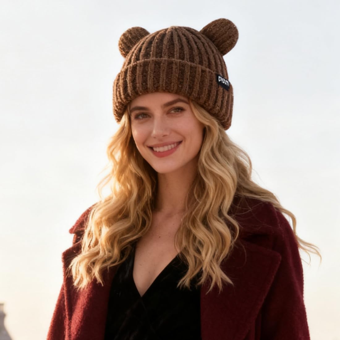 Bear Hat Adult Bear Beanie with Ears Knit Warm Slouchy Crochet Hat - Image 4