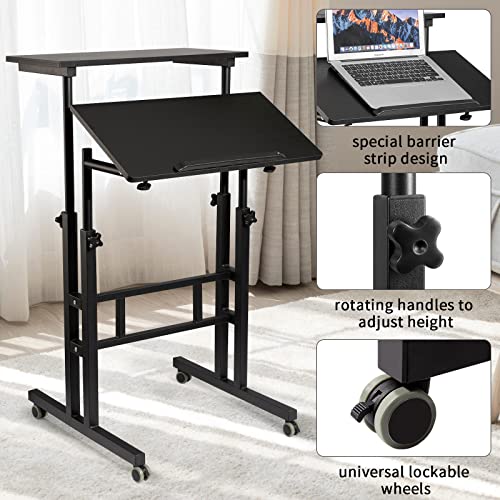 Siducal Mobile Stand Up Desk, Small Adjustable Standing Desk With Wheels Home Office Workstation, Portable Rolling Desk Laptop Cart For Standing Or Sitting, Black #TOP2