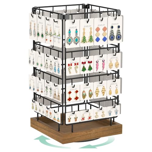 Image of EsLuker.ly Rotating Earring Display Holder Stand for Vendors Events Selling, Large Capacity 64 Hooks Jewelry Rack with Wooden Base for Earring Card Sales, Enhances Retail Display Visibility
