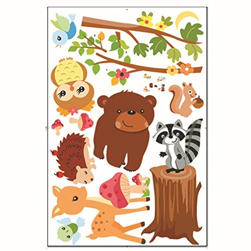 Image of Ivenf Animals in the Woods Cartoon Wall Decal, Bears Birds Deer Raccoon, Removable Vinyl Stickers for Kids Rooms, Baby Nursery, Boys and Girls Bedroom