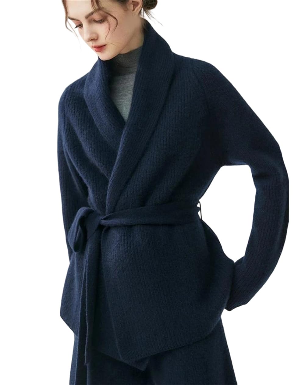Women 100 Cashmere Shawl Sweater Coat Thick Bathrobe Style Lace Up Belt Cardigan Warm Jumper