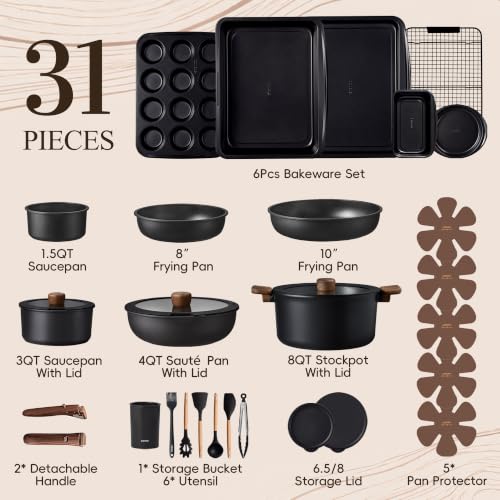 Image of CAROTE 31pcs Nonstick Pots and Pans Set with Baking Pans Set, Cookware Sets with Detachable Handle, Kitchen Cooking Set - Camping Cookware, Dishwasher & Oven Safe, Induction Compatible