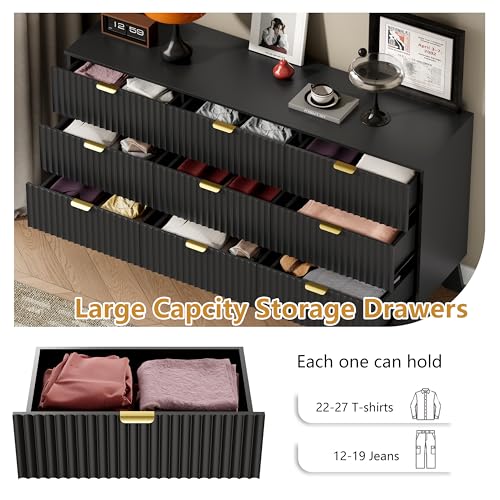 Image of Wodeer 9 Drawer Fluted Dresser for Bedroom, Mid Century Modern Dresser with 9 Drawers, Dressers & Chests of Drawers with Metal Handle, TV Stand & Storage Organizer for Entryway, Hallway, Black