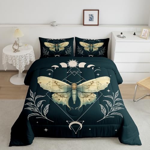 Death Moth Comforter Set,Butterfly Duvet Insert Queen,Sun And Moon Galaxy Bedding Sets For Kids Boys Girls,Gothic Butterflies Boho Down Comforter With 2 Pillow Shams,Botanical Leaves Quilted Comforter